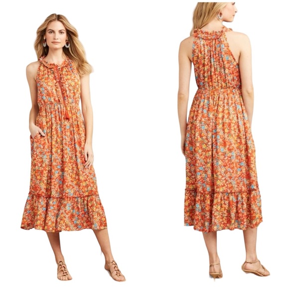 Roller Rabbit Dresses & Skirts - ROLLER RABBIT VADO ODELLE DRESS ORANGE FLORAL TASSEL RUFFLE ELASTIC WAIST MIDI L